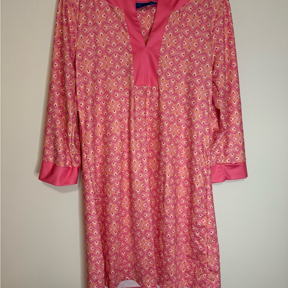 Cabana Life Pink Patterned Tunic Dress/swim coverup  with Solid Trim size large - Picture 2 of 14